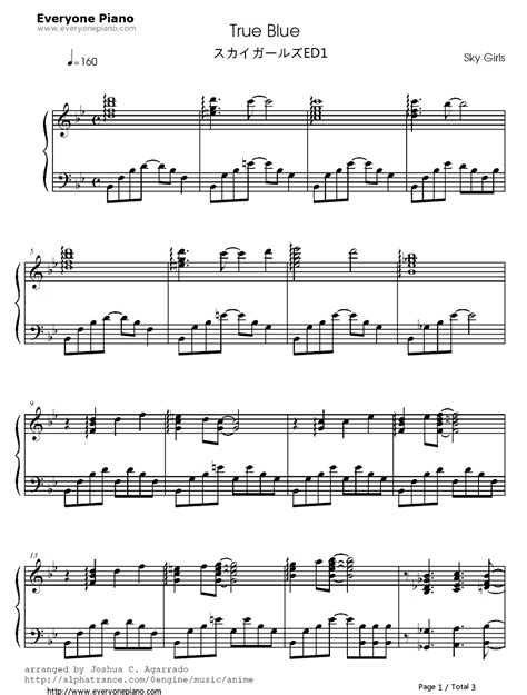 True Blue-天翔少女ED1-钢琴谱文件（五线谱、双手简谱、数字谱、Midi、PDF）免费下载