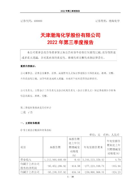 渤海化学：天津渤海化学股份有限公司2022年第三季度报告