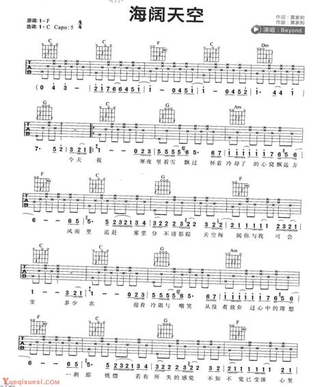 摇滚经典吉他歌曲《海阔天空》C大调/四四拍/分解和弦+扫弦-吉他曲谱 - 乐器学习网