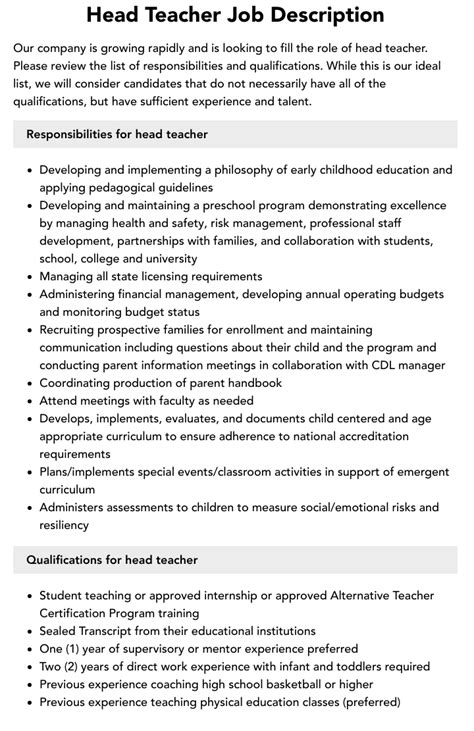 Head Teacher Job Description | Velvet Jobs