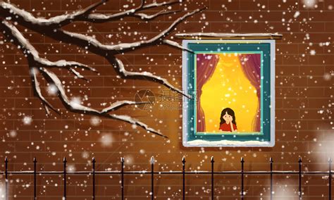 下雪天趴在窗台看雪人的女孩插画图片下载-正版图片400901899-摄图网