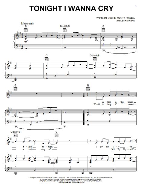 Tonight I Wanna Cry Sheet Music | Keith Urban | Piano, Vocal & Guitar ...