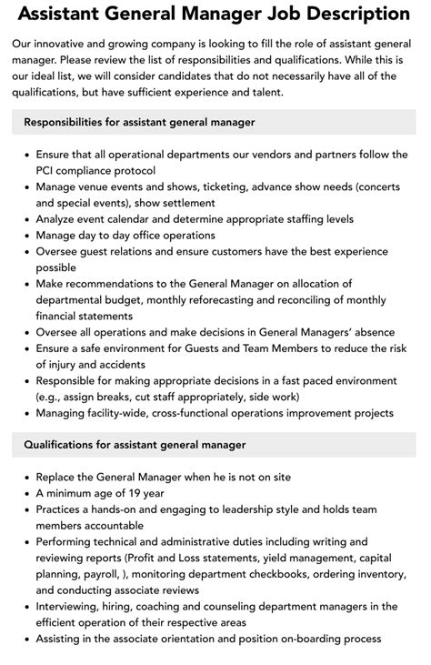 Assistant General Manager / Asst. Hotel Manager Job Description