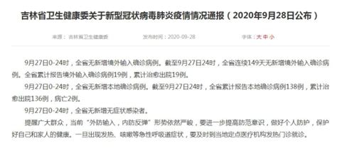 吉林省卫生健康委关于新型冠状病毒肺炎疫情情况通报（2020年9月28日公布）-中国吉林网
