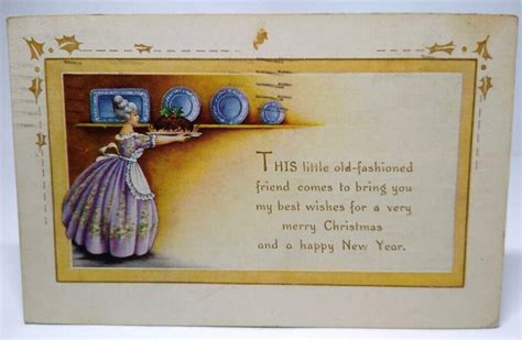 Christmas Postcard Victorian Women Holds Dinner Plate Old Fashioned ...