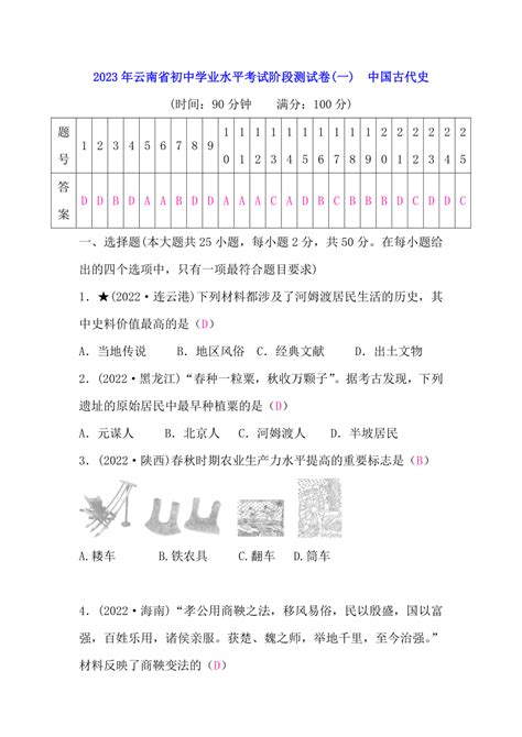2023年云南省初中学业水平模拟考试阶段测试卷(一) 中国古代史（含答案）-21世纪教育网