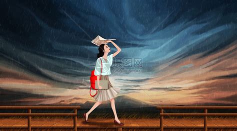 女孩在雨中漫步插画图片下载-正版图片400109808-摄图网