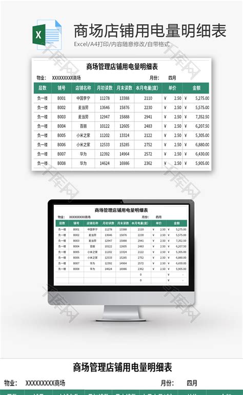 商场管理店铺用电量明细表Excel模板_千库网(excelID：143062)