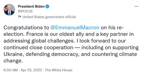 拜登发推文，祝贺马克龙成功连任法国总统
