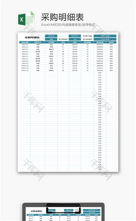 采购明细表Excel模板_千库网(excelID：148558)