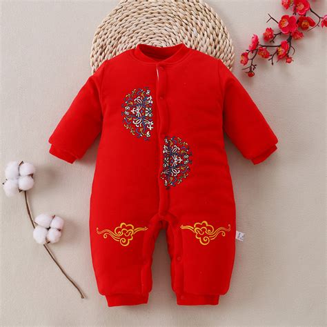 宝宝红色棉连体婴儿喜庆过年服厚款新生儿百天满月服中国风婴儿装-阿里巴巴