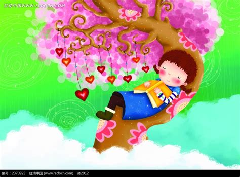 躺在树上看书做梦的小女孩背景画EPS素材免费下载_红动中国