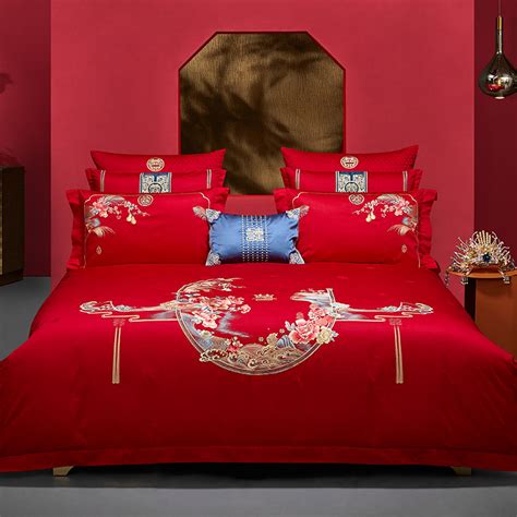 新中式简约100支全棉婚庆结婚刺绣四件套大红色新婚被套床上用品_虎窝淘