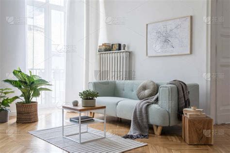 现代室内设计与沙发和当代配件。 风格新颖的客厅和设计家居装饰. 家居装修的简约概念.