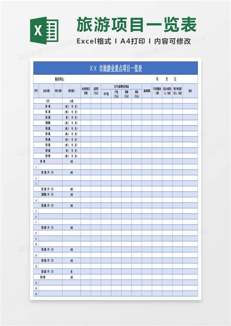 市旅游业重点项目一览表Excel模板下载_熊猫办公