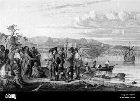 Henry Hudson meeting Indians at Sandy Hook, New York, 1609 Stock Photo ...