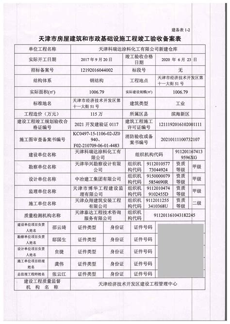 天津市房屋建筑和市政基础设施工程竣工验收备案表（观涛苑二期1号楼）