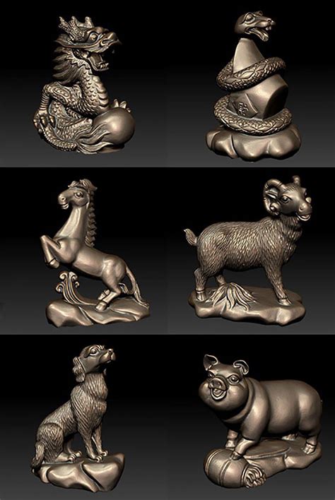 十二生肖雕塑 鼠牛虎兔蛇马羊猴鸡狗C4D OBJ模型设计素材