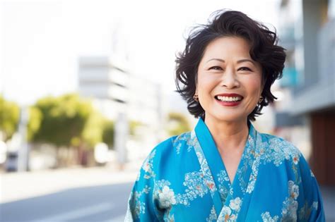 Premium AI Image | Portrait of happy middle aged asian woman in blue kimono