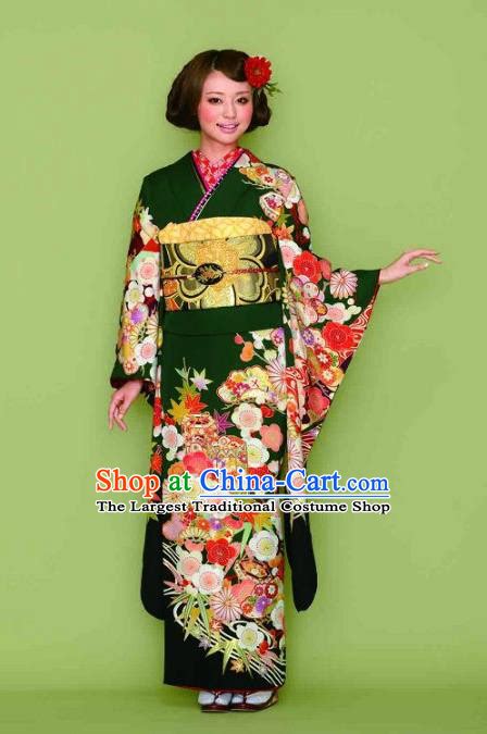 Asian Japanese Ceremony Printing Maple Leaf Light Green Kimono Dress ...