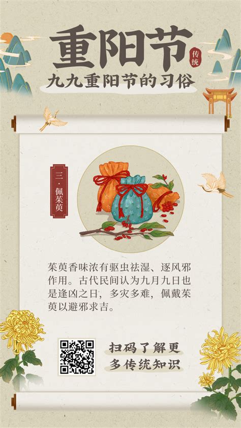 中国风手绘重阳节习俗佩茱萸手机海报-凡科快图