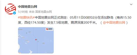 中国地震台网正式测定：汤加群岛发生7.5级地震