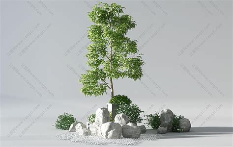 新中式太湖石、树木庭院景观小品3d模型下载_模型ID:29813-让提网