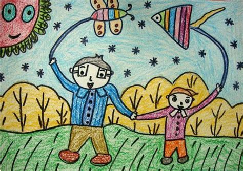 父亲节儿童画作品我和爸爸放风筝1