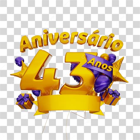 Aniversário 43 Anos Selo 3D Dourado com Fita e Balões Rosa para ...
