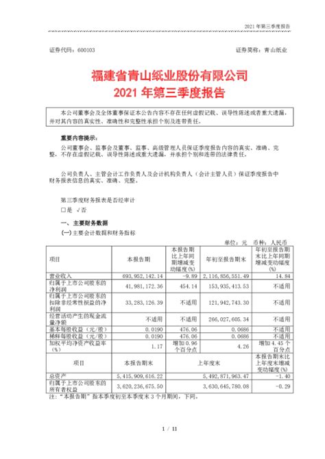 青山纸业：2021年第三季度报告
