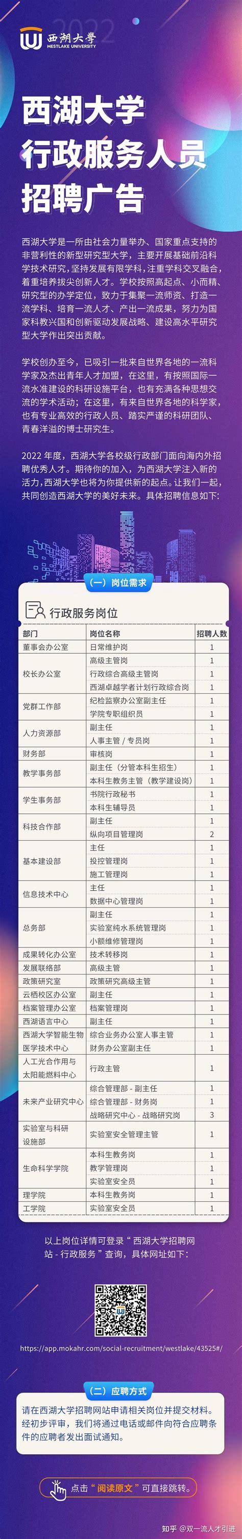 【浙江|杭州】西湖大学校级行政部门招聘44名工作人员公告 - 知乎