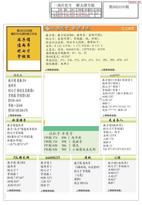 23年184期解太湖3d字图迷汇总彩报_天齐网