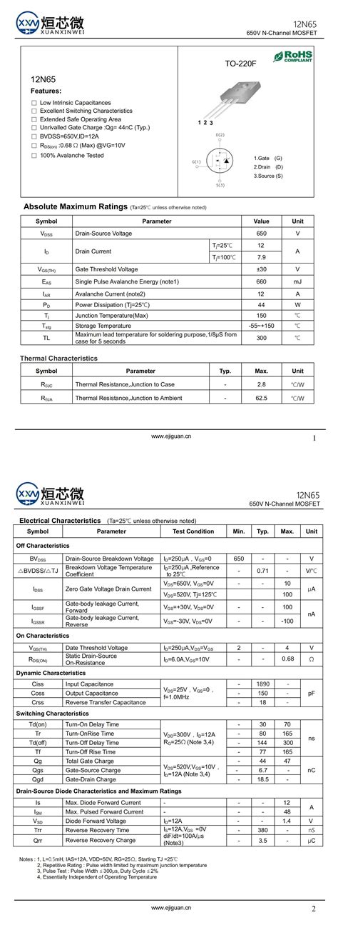 12N65 TO-220参数和中文资料 - 场效应MOS管 - 壹芯微