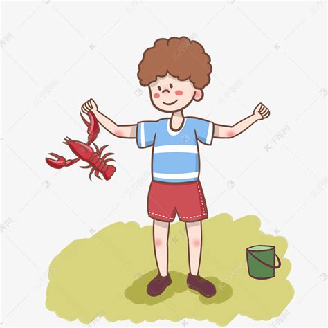 夏天抓小龙虾的男孩手绘插画素材图片免费下载-千库网