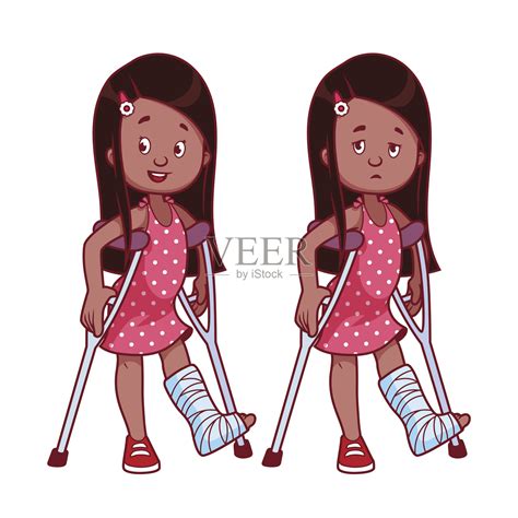 又喜又悲的女孩，摔断了一条腿，还打了石膏。插画图片素材_ID:126491081-Veer图库