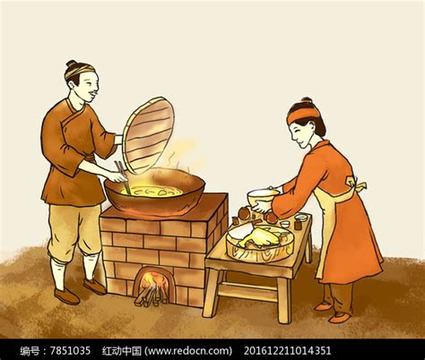 古代夫妇灶台生火做饭油炸食物插画_红动网