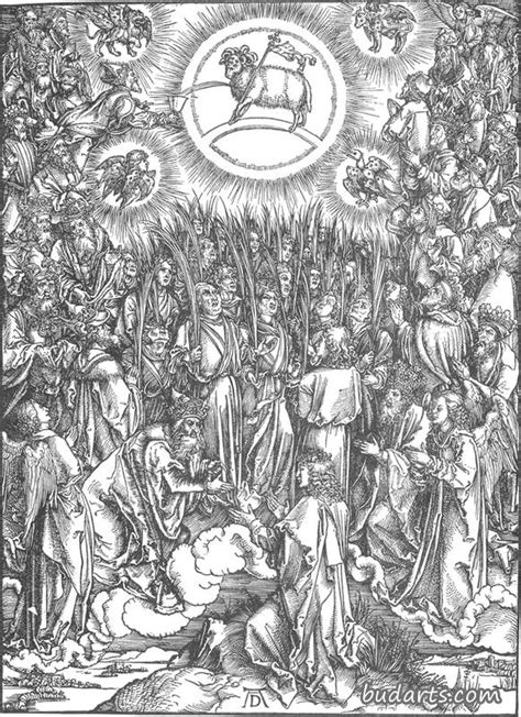 圣约翰启示录：13、羔羊的崇拜和被拣选者的赞美诗 - 阿尔布雷希特·丢勒 - 画园网