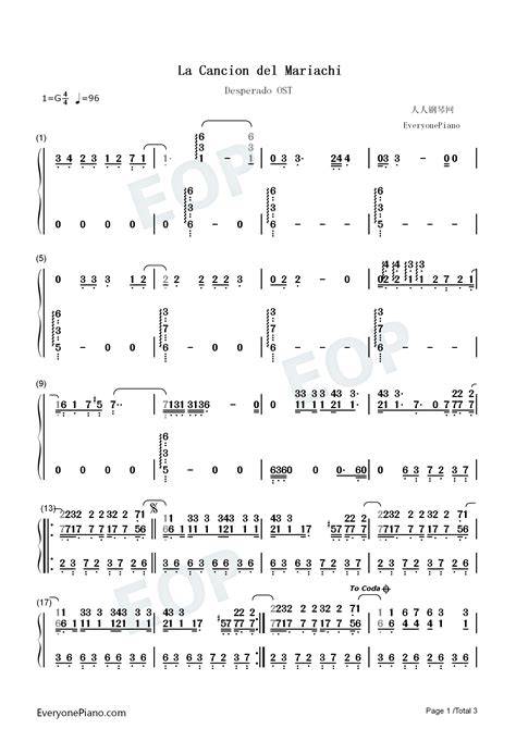 Cancion Del Mariachi-《Desperado》（杀人三步曲）OST双手简谱预览1-钢琴谱文件（五线谱、双手简谱、数字谱 ...