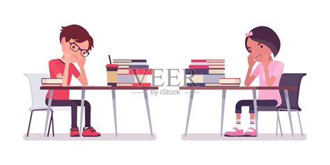 男生、女生坐在课桌前学习、工作累了插画图片素材_ID:348115528-Veer图库