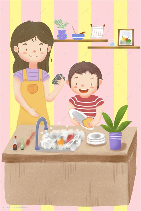 感恩节儿子厨房帮妈妈洗碗插画图片-千库网