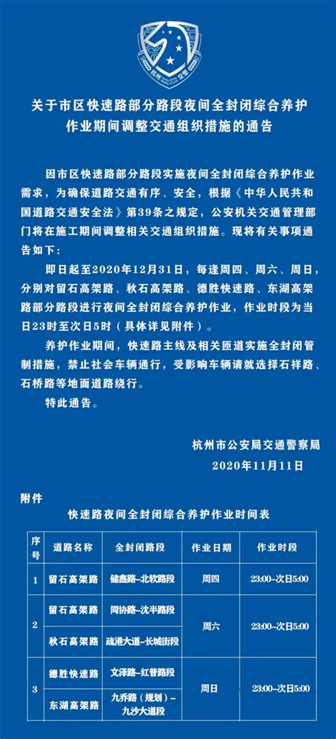杭州交警最新通知：每逢周四、六、日这些时间段，这几条高架路段要封闭养护啦_杭州网