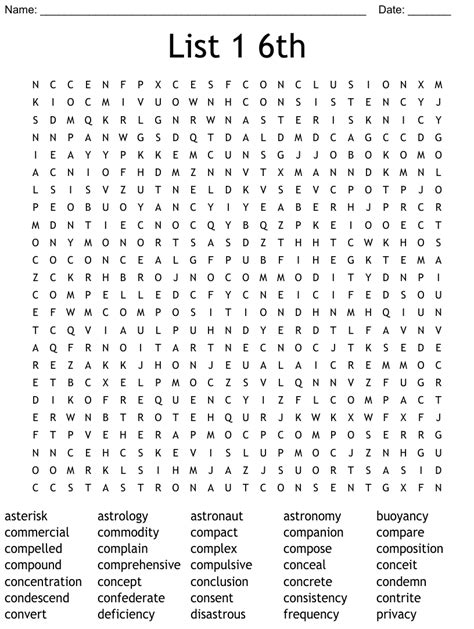 List 1 6th Word Search - WordMint