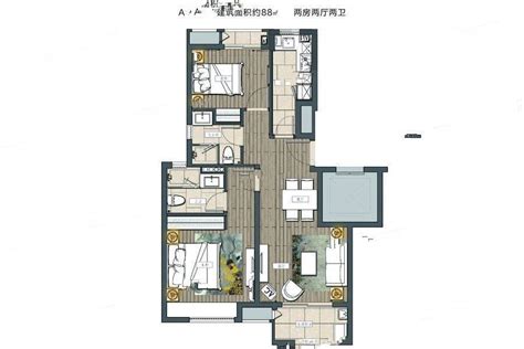 陆家嘴滴水涟岸A户型户型图_上海陆家嘴滴水涟岸2室2厅2卫、88.0平方米户型图 - 吉屋网