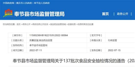 重庆市奉节县市场监督管理局关于137批次食品安全抽检情况的通告（2022年第18号）_手机新浪网