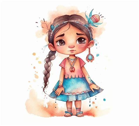 cute adorable little Native American princess character watercolor ...