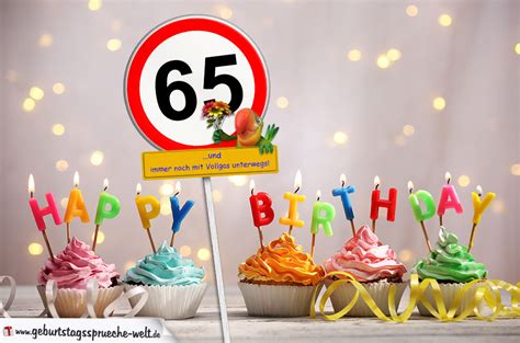 65. Geburtstag Geburtstagswünsche mit Schild und Alter auf Karte ...