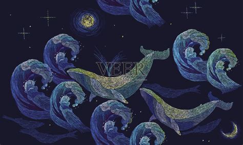 刺绣鲸鱼无缝图案。蓝鲸漂浮在夜晚的海面上。经典艺术刺绣，大浪大海和鲸鱼无缝图案。服装，纺织品，t恤设计的模板插画图片素材_ID ...