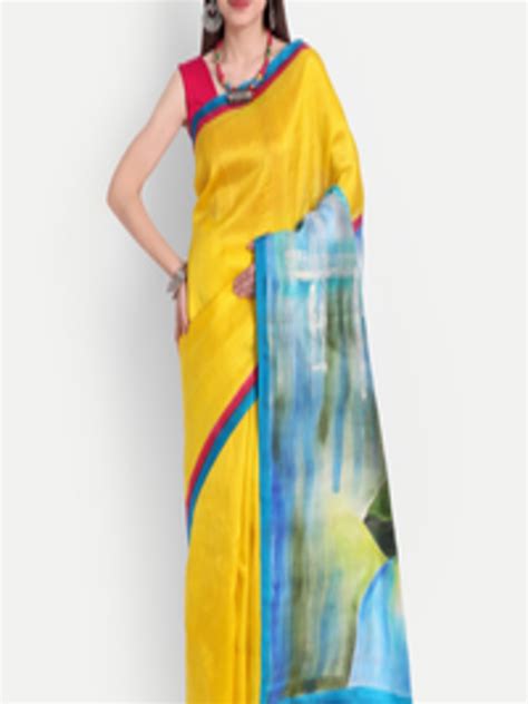 Buy Fibre World Yellow & Blue Ethnic Motifs Pure Silk Murshidabad Silk ...