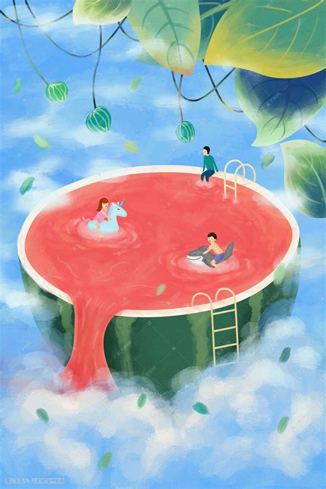 夏季清凉卡通创意西瓜手绘泳池游泳背景插画图片-千库网
