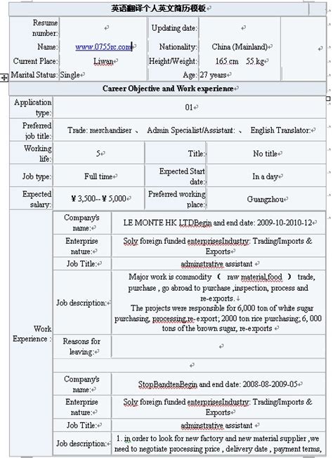 2011英语翻译类个人简历模板
